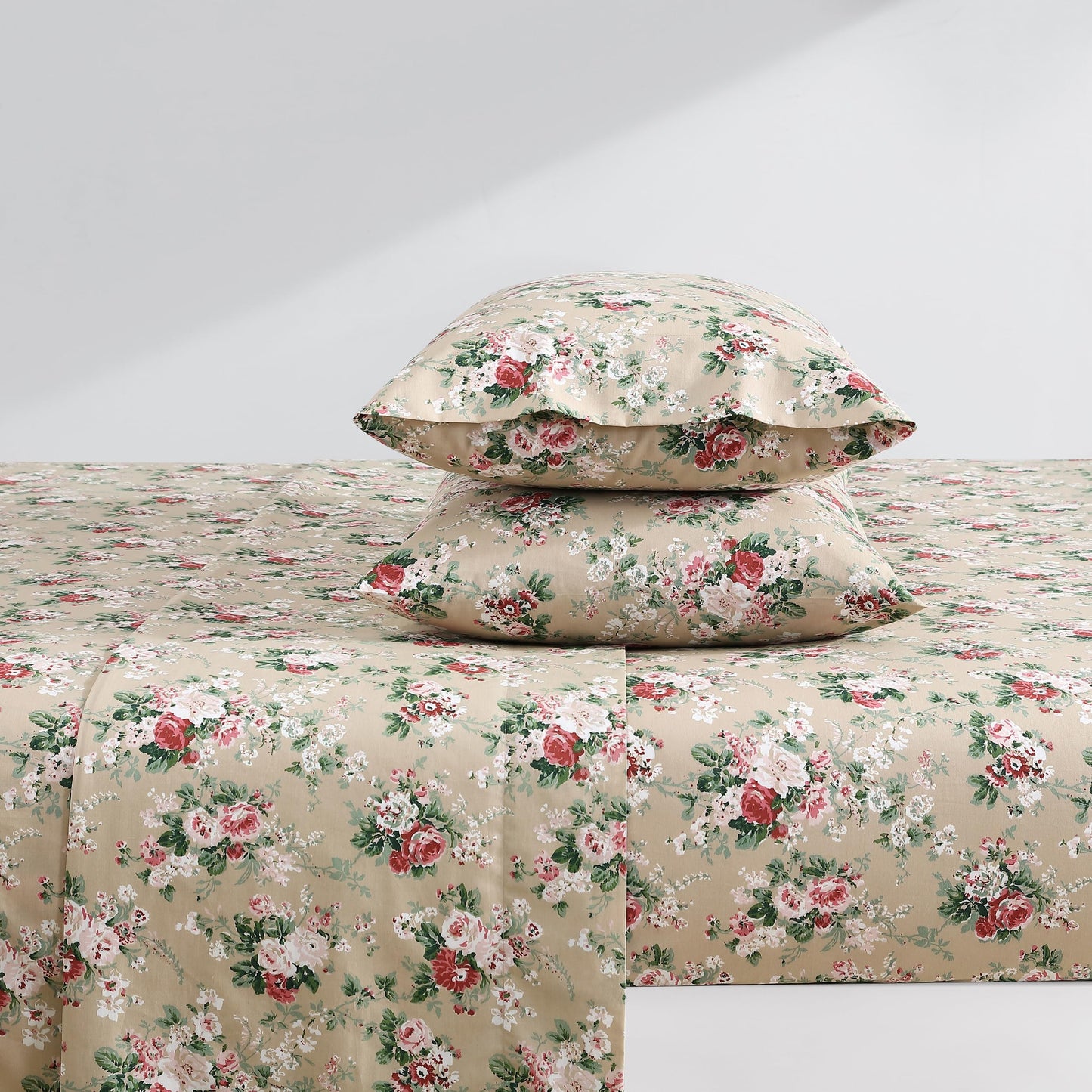 Laura Ashley – Twin Size Sheet Set, Crisp & Lightweight Cotton Percale Bedding with Fitted Sheet and Pillowcase, Floral Room Decor, Deep Pocket, College Dorm Room Essentials (Ashfield Beige)