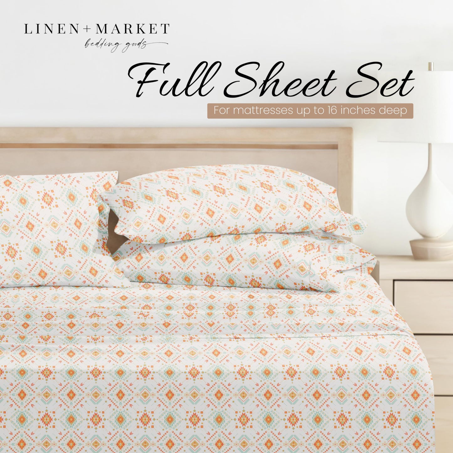 Linen Market Double-Brushed Patterned Microfiber Full Sheet Set 4 Piece – Oeko-TEX Certified Ultra Soft & Wrinkle-Free - 16" Deep Pocket Sheets - Easy Care Full Size - Aztec Dreams Coral
