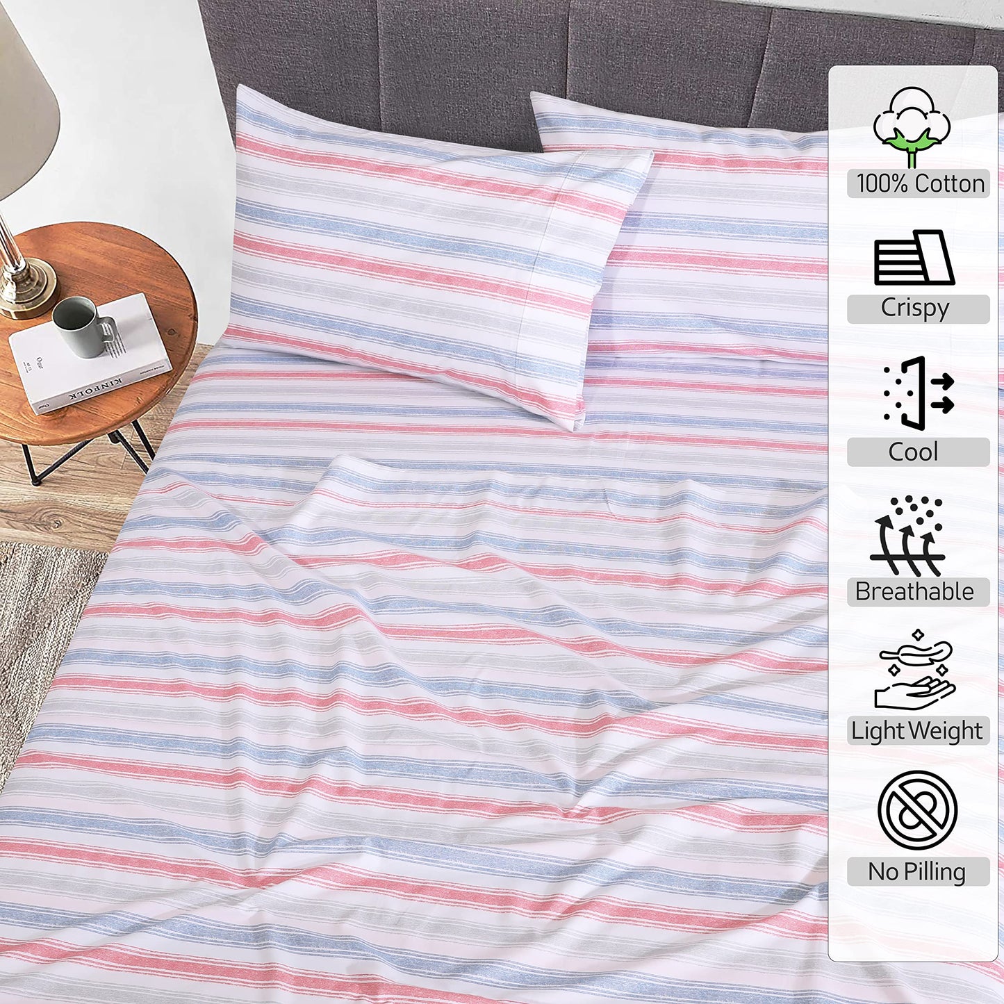 RUVANTI 100% Cotton Percale Sheets Twin Size – Crisp Cooling Bed Sheets for Hot Sleepers, Deep Pocket 16”, Soft Breathable & Durable Hotel-Style 3 Piece Set, Times