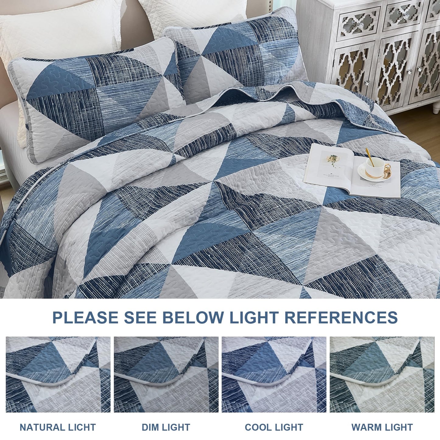 Dintszyayue Quilt Queen Size Blue, 3 Pieces Patchwork Bedspread Bedding for Queen Size Bed, Soft Lightweight Microfiber Geometric Coverlet Set for All Season Quilt with 2 Pillowcases
