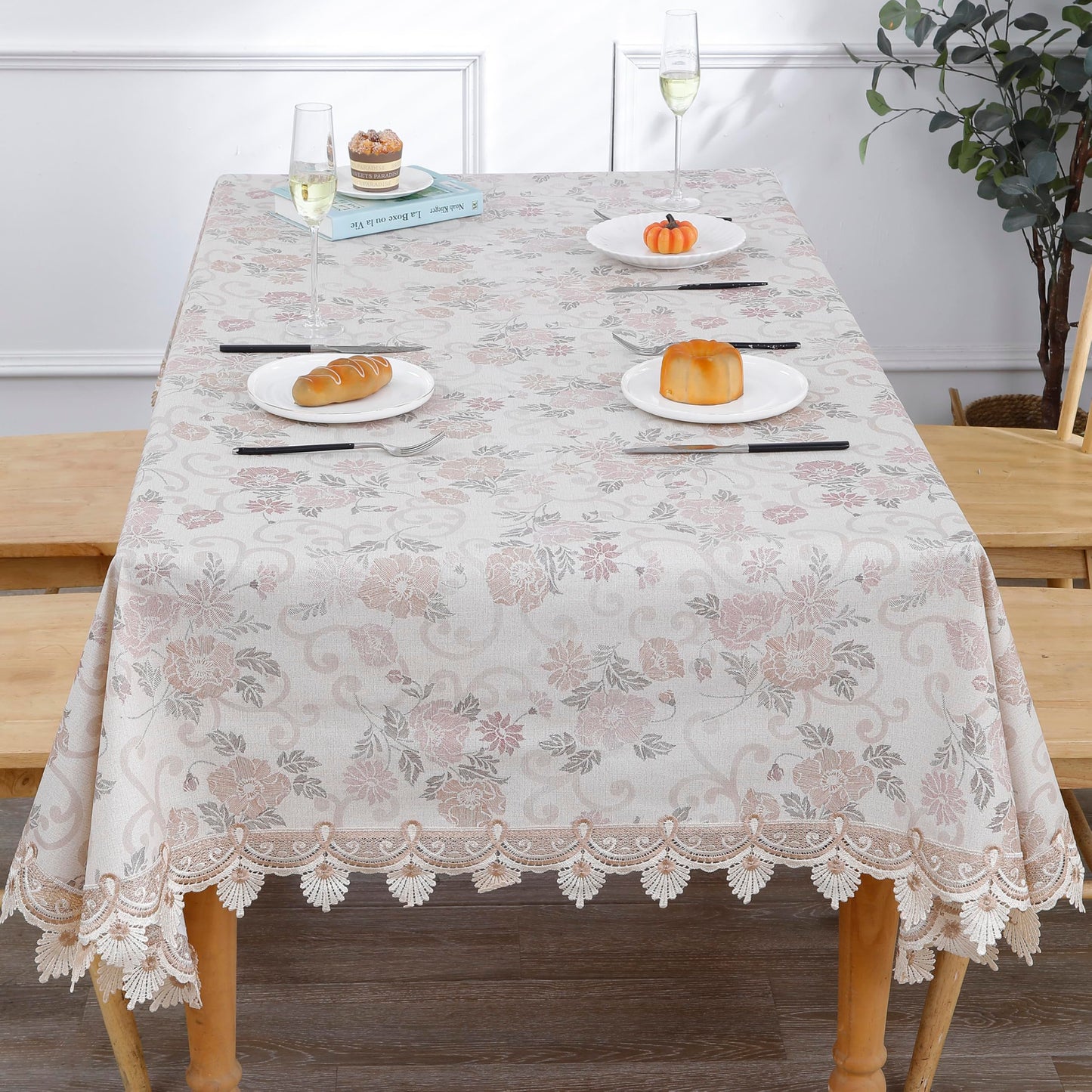 Walrus Heavy Duty Vinyl Tablecloth Elegant Floral Lace-Trimmed Tablecloth Vintage Flower Pattern, Waterproof Oil-Proof Plastic Table Cloth Stain-Resistant Wipeable(Floral Vintage, 60X60 Inch)