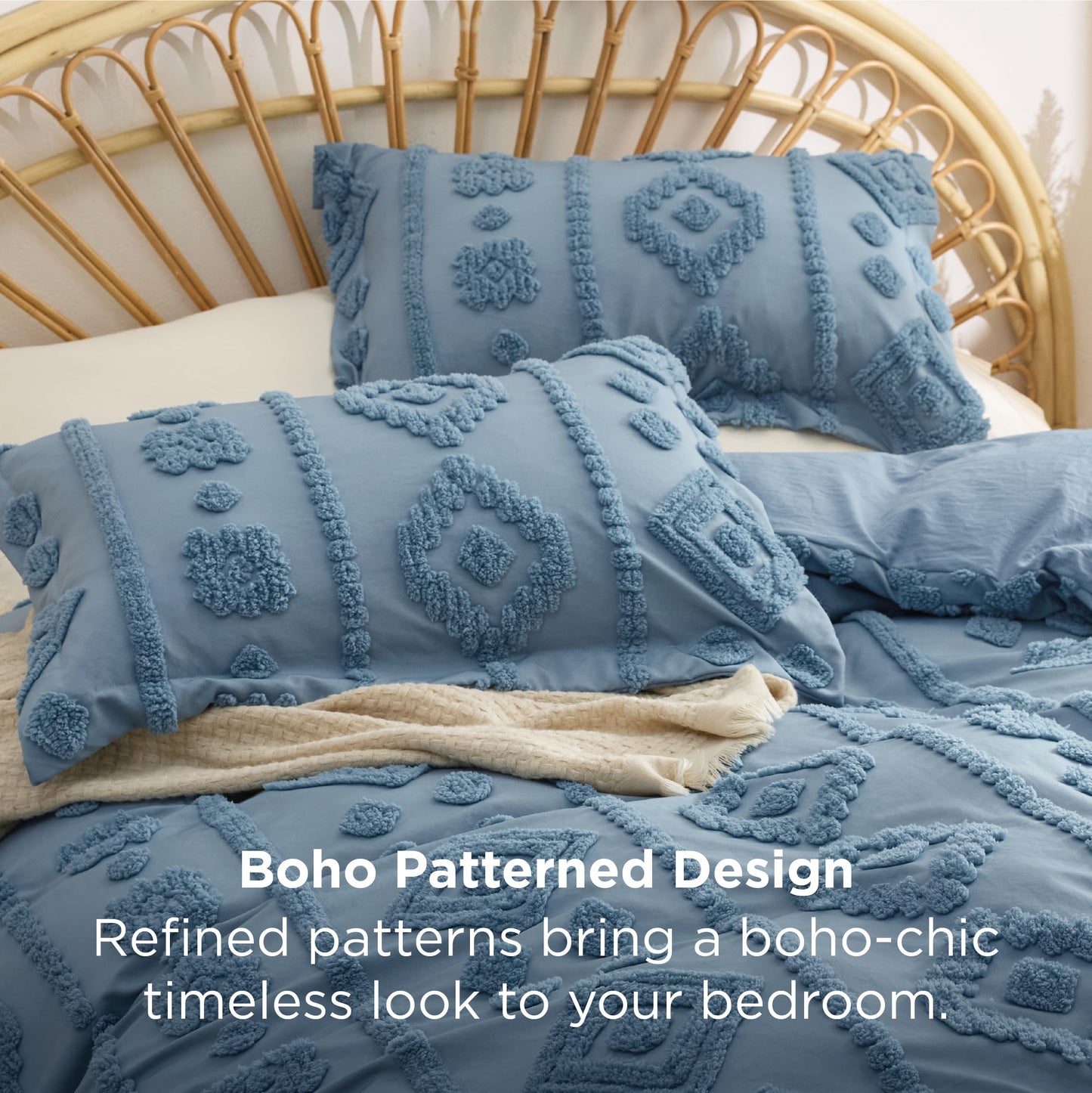 Bedsure Boho Tufted Blue Comforter King Size, GentleSoft™ 3 Pieces Boho Farmhouse-Style Decor Bedding, Exquisite Bedding for All Seasons, 1 Bed Comforter, 2 Pillow Shams, 104x90 Inches