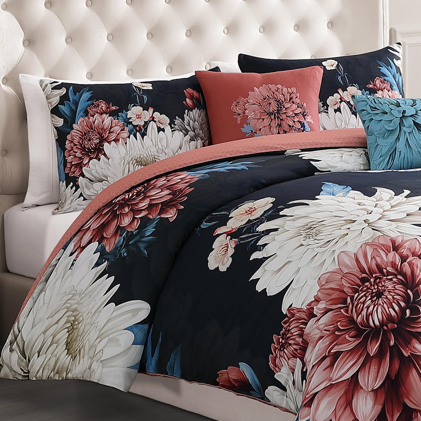 Bebejan Navy Mums 5 Piece Comforter Set, 100% Cotton Sateen, 220 Thread Count, Blue Reversible Bedding Comforter Set, 1 Comforter, 2 Shams & 2 Pillows (King/Cal King)