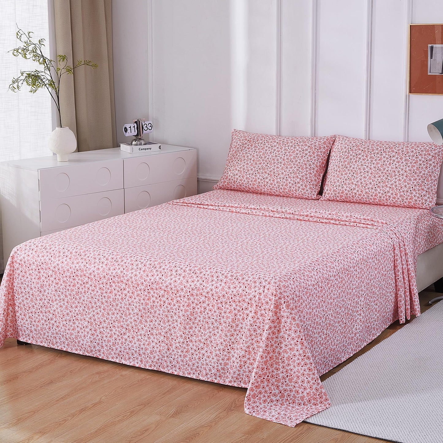 Softan Pink Floral Full Sheet Set, Cozy Microfiber Leopard Printed Fitted Bed Sheet with 15" Deep Pockets & Non-Slip Straps, Cute Girls Patterned Double Sheets & Pillowcase Set