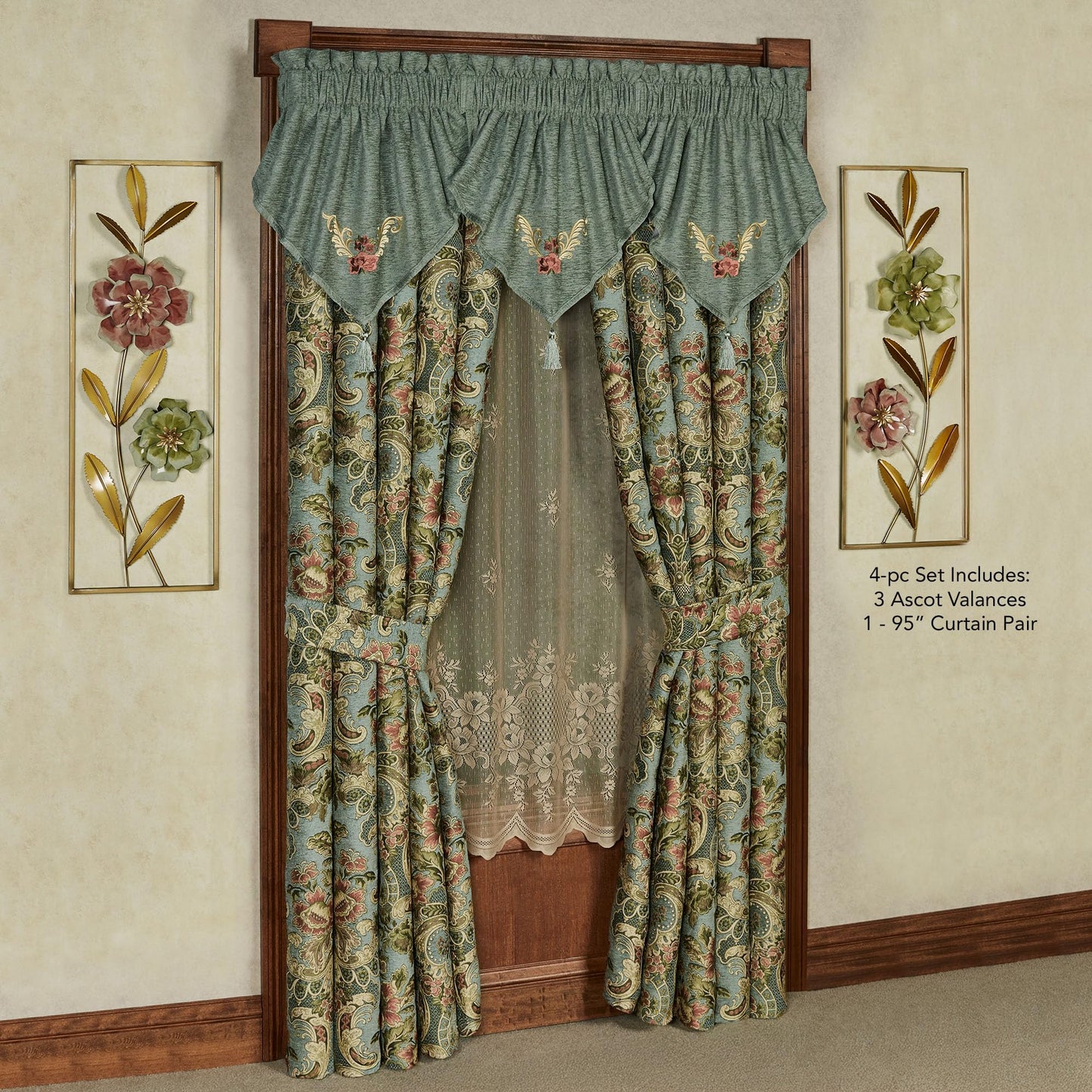 Calais Chateau Traditional Luxury Window Treatments | Soft Teal Chenille | Colorful Pastel Woven Classic Jacobean Florals | Lined Drapery Set Includes 3 Embroidered Ascot Valances & 95L Curtain Pair