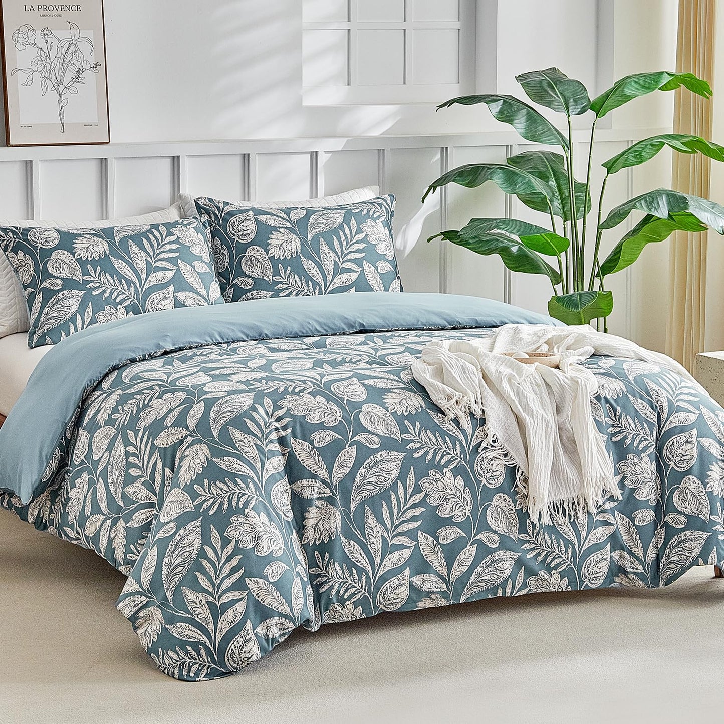 Lekesky Duvet Cover King Size, Reversible Teal Blue Floral Comforter Cover Set King Size 3pc, Soft 100% Washed Microfiber Breathable Bedding Sets with Zipper Ties and 2 Pillowcases