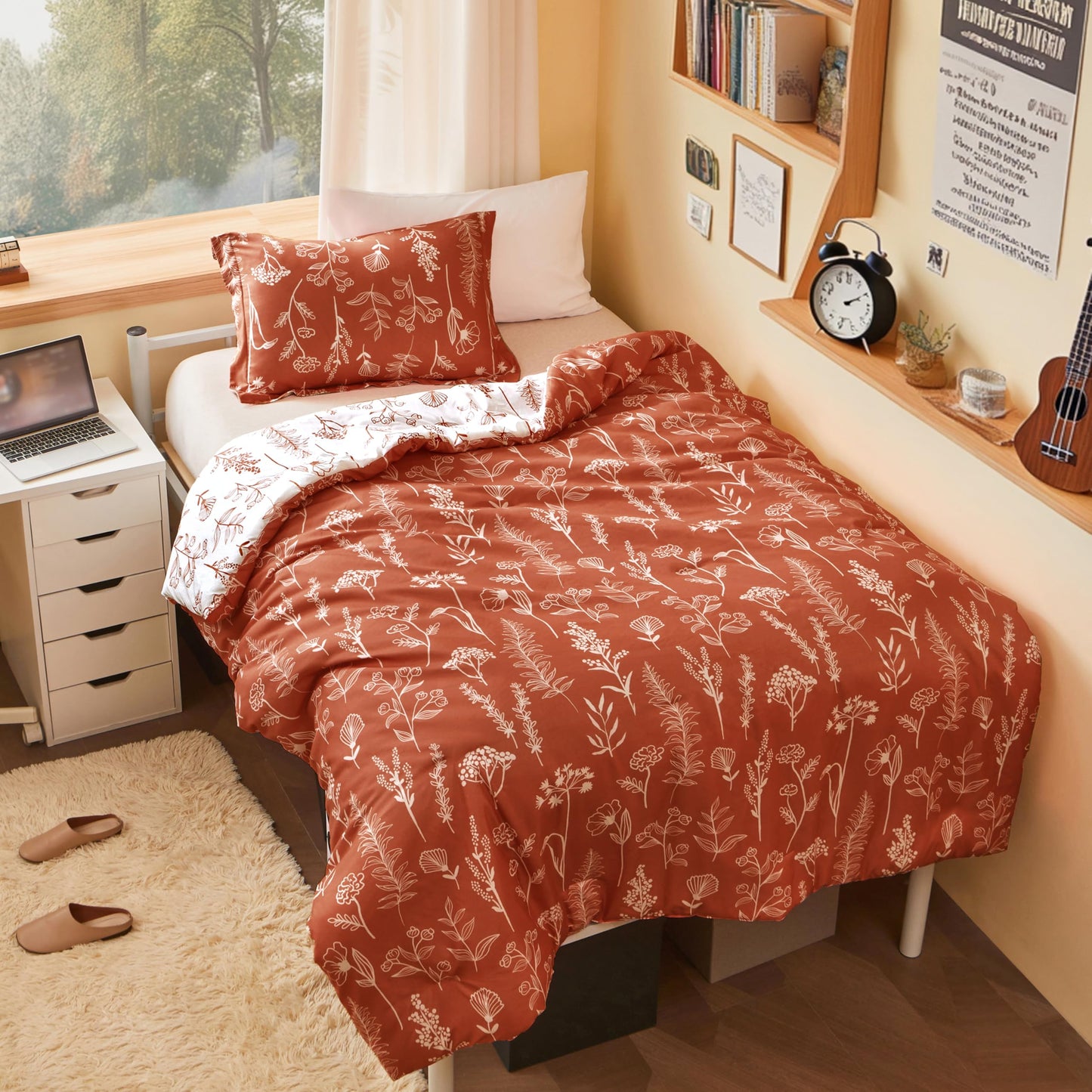 Joiedomi Floral Twin Comforter Set Terracotta Bedding Set - 2 Pieces Twin Bed in a Bag with 1 Soft Reversible Botanical Flowers Comforter and 1 Pillow Sham