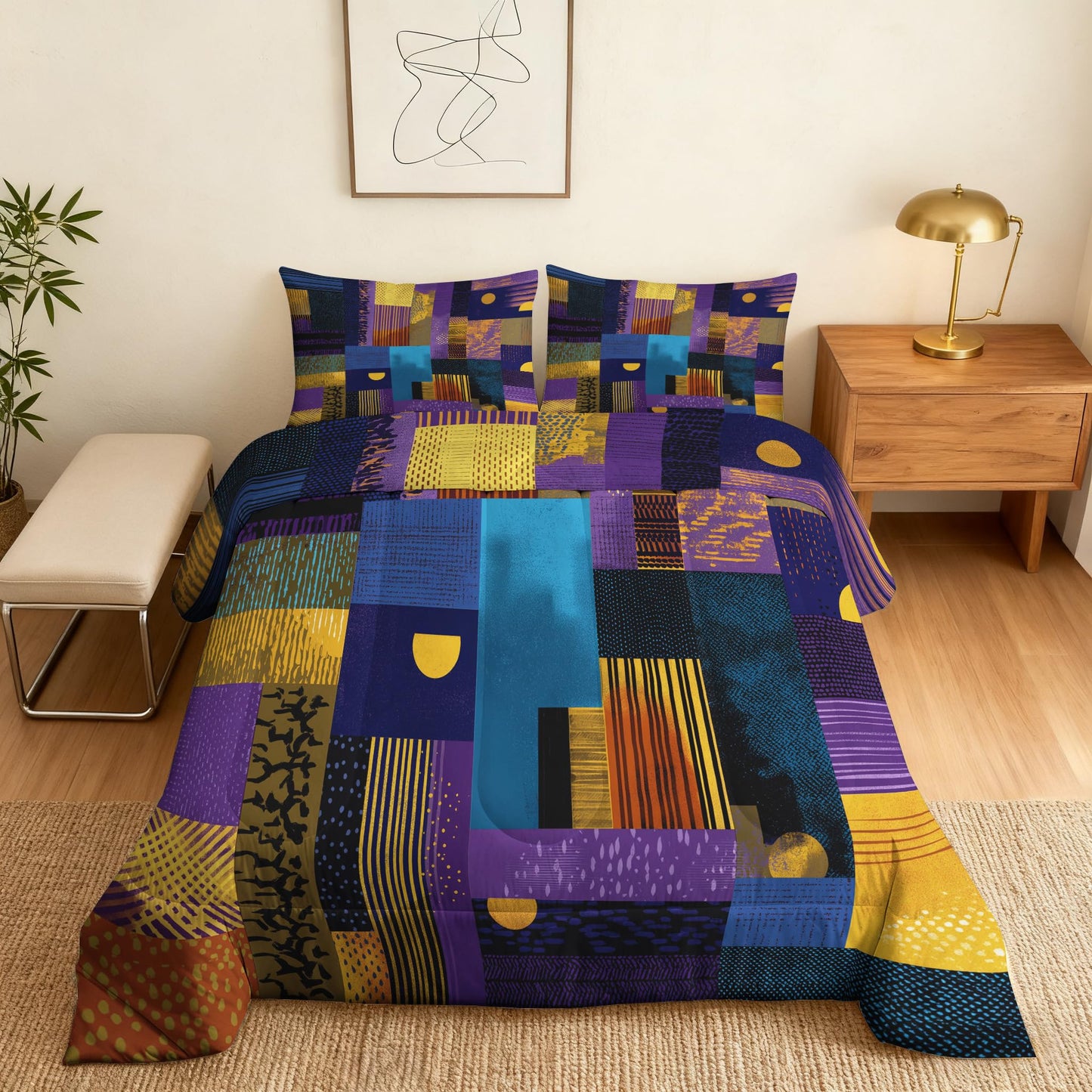 ZDABAOEC Patchwork Boho Queen Comforter Set 3 Piece, 2 Pillow Shams, Mid Century Modern Geometric Reversible Down Alternative All Season Bedding, Soft Microfiber, Boho Bedroom Decor