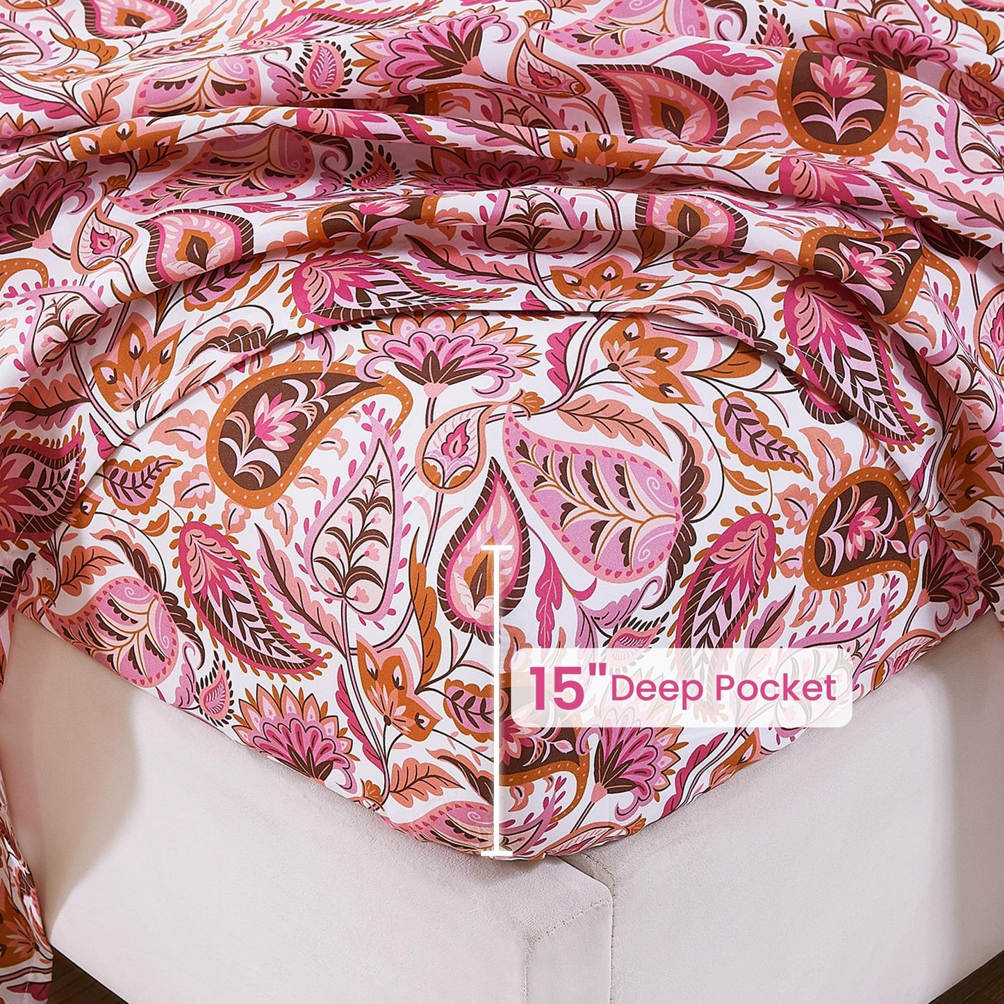 Softan Pink Paisley Floral Full Sheet Set, Cozy Boho Microfiber Printed Fitted Bed Sheet with 15" Deep Pockets & Non-Slip Straps, Girls Patterned Double Sheets & Pillowcase Set