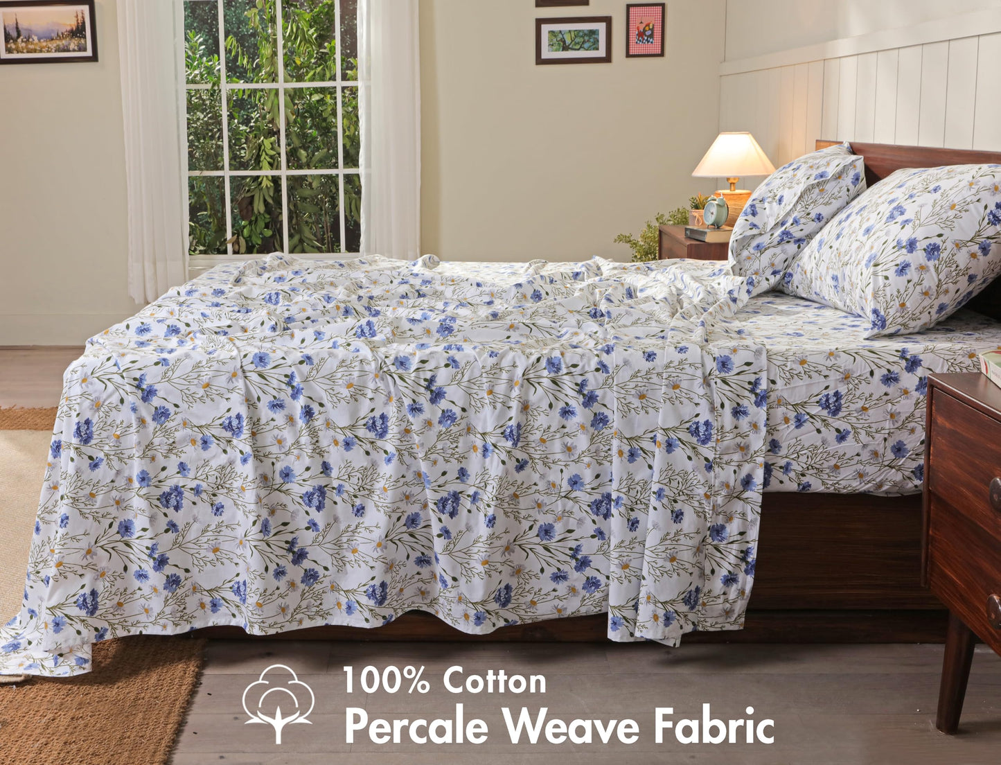 RUVANTI 100% Cotton Percale Sheets Full Size, Sweet Pea
