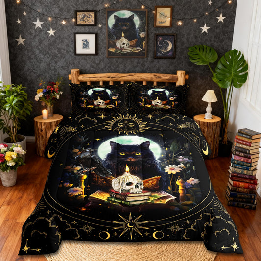 Trippy Cat Comforter Set Full Size,Sun and Moon Kids Quilt Set Gothic Sugar Skull Crow Print Bedding Set for Girls Boys Adult Room Decor,Exotic Daisy Floral Duvet Insert,2 Pillowcases,Black