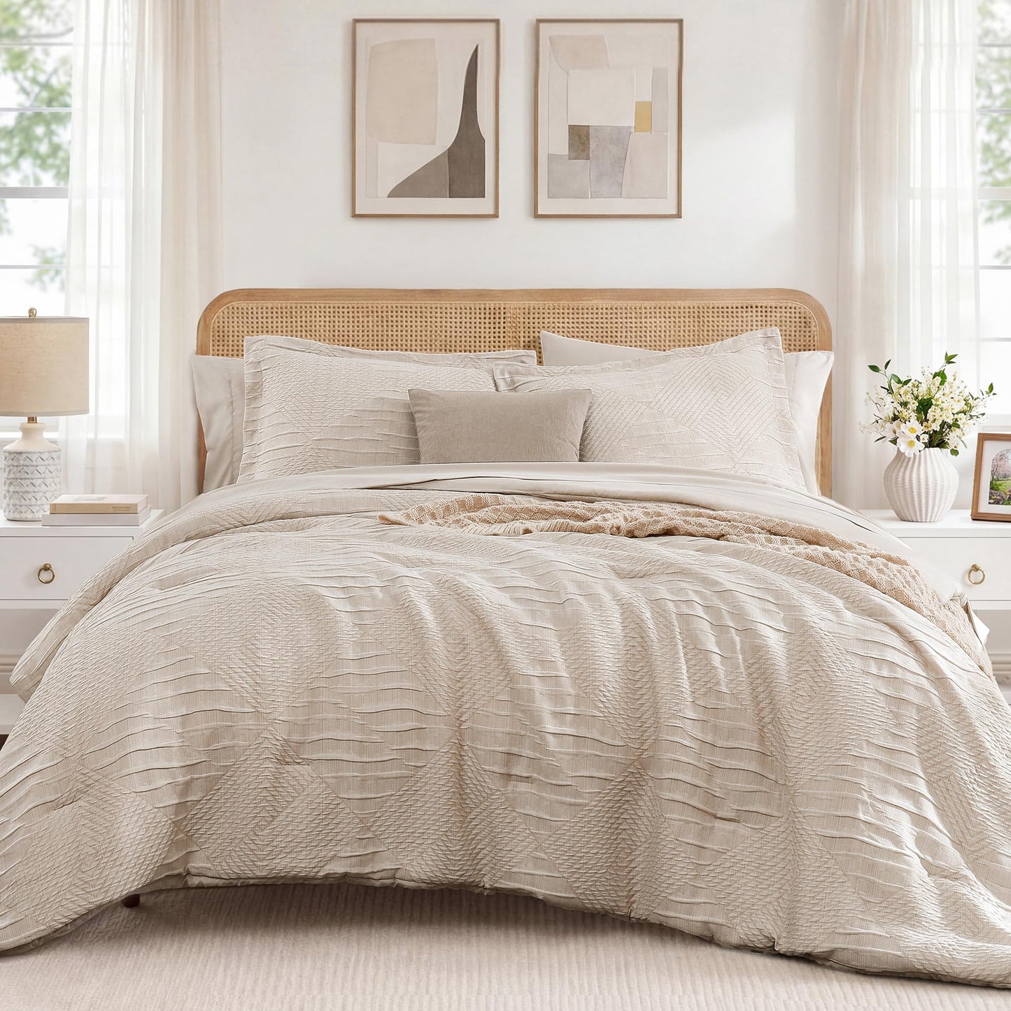 MaiRêve Queen Comforter Set Beige, Crinkle Textured Design Boho Bedding Set 7 Pieces Bed in A Bag, All Season Geometric Comforter Set with Sheets, Pillowcases & Shams