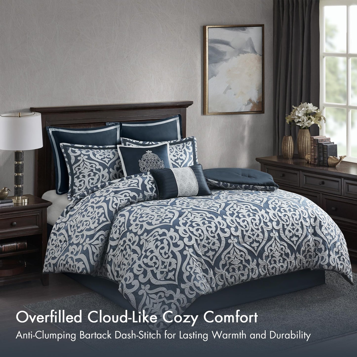 Madison Park Odette Cozy Comforter Set Jacquard Damask Medallion Design - Modern All Season, Down Alternative Bedding, Shams, Decorative Pillows, King(104 in x 92 in), Navy 8 Piece