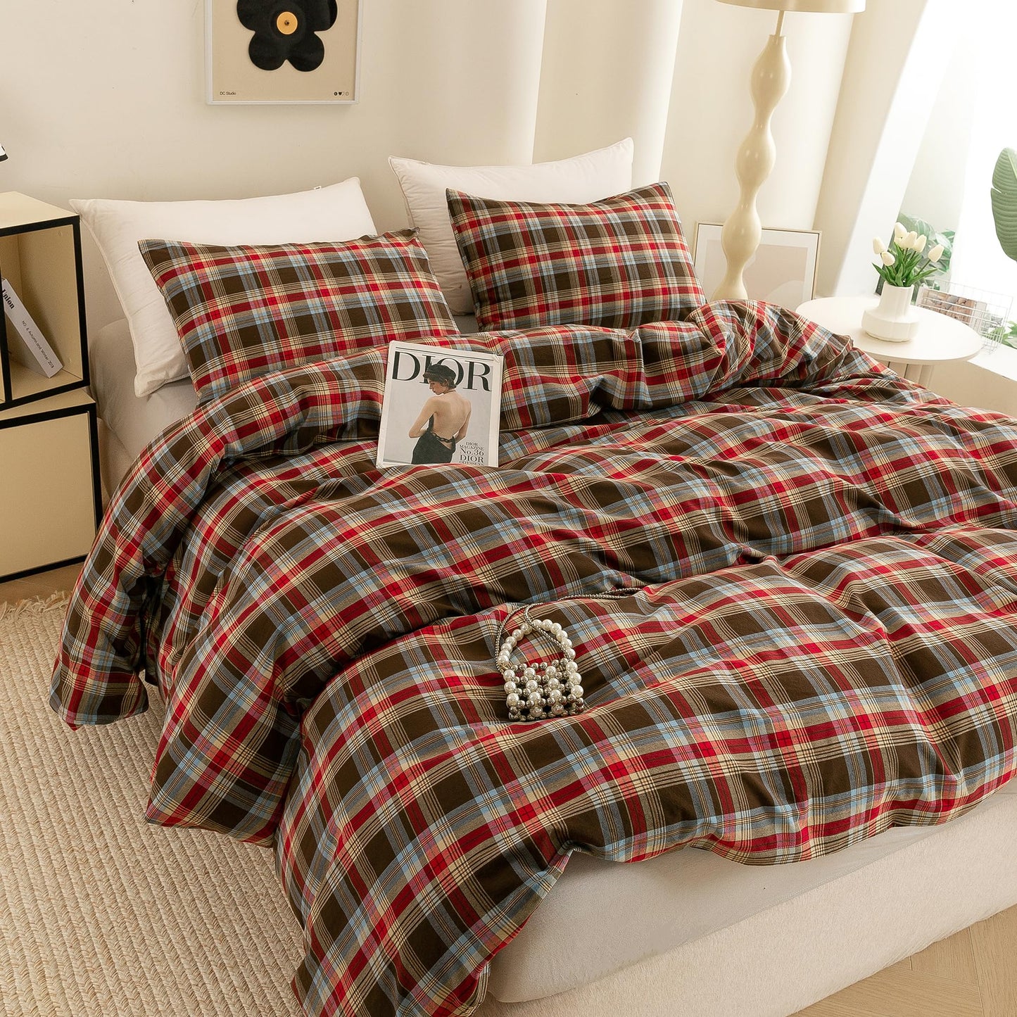 ECOCOTT Buffalo Plaid Duvet Cover Queen Size– 3 Piece Washed Cotton Bedding Set with Classic Checkered Pattern, Red & Brown Duvet Cover with Pillowcases for All Seasons