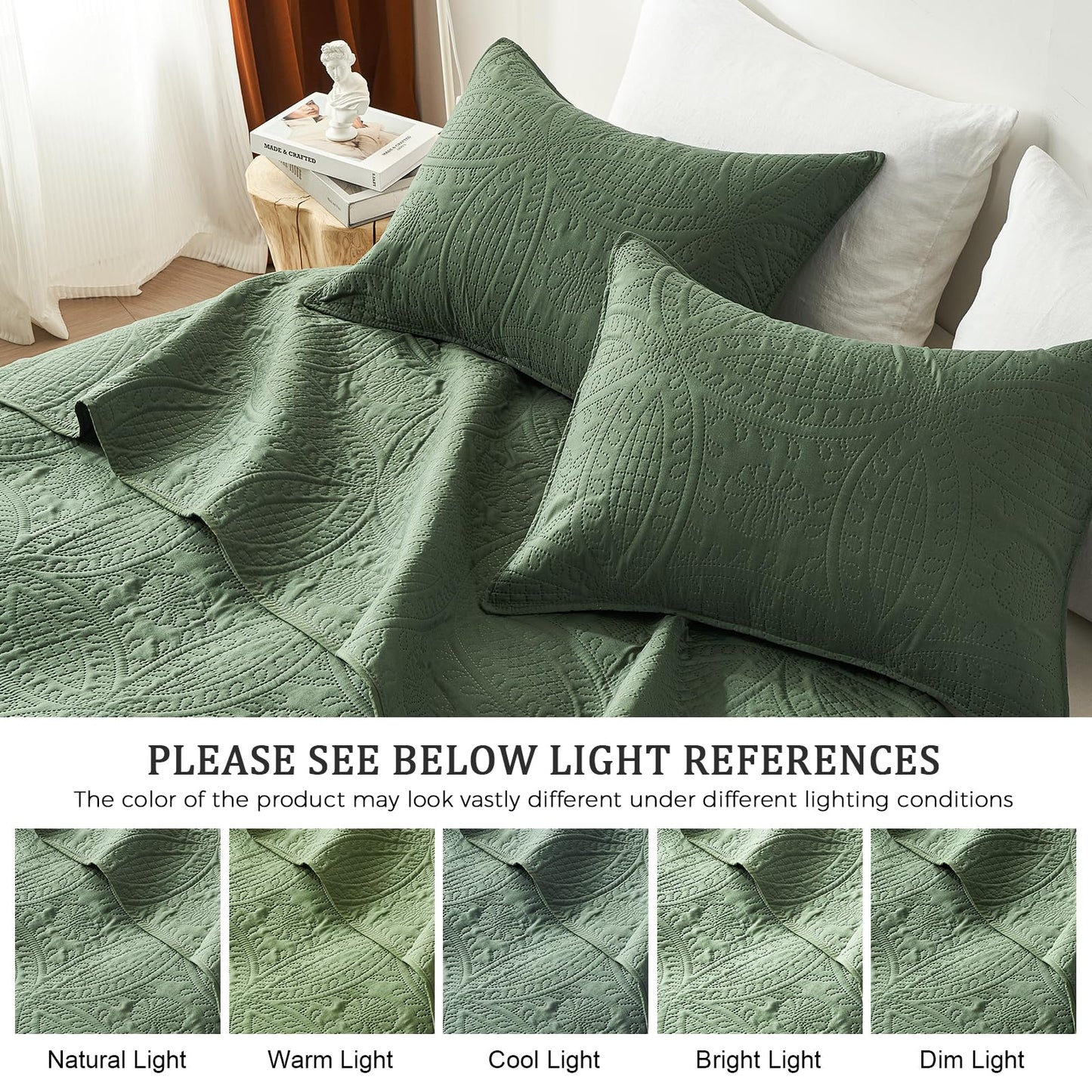 akkialla Queen Quilt Bedding Set,Olive Green Ultrasonic Full/Queen Quilt Set,Lightweight Soft Bedspread Coverlet,Modern Style Coin Pattern Bed Cover for All Seasons,3 Piece(1 Quilt,2 Pillow Shams)