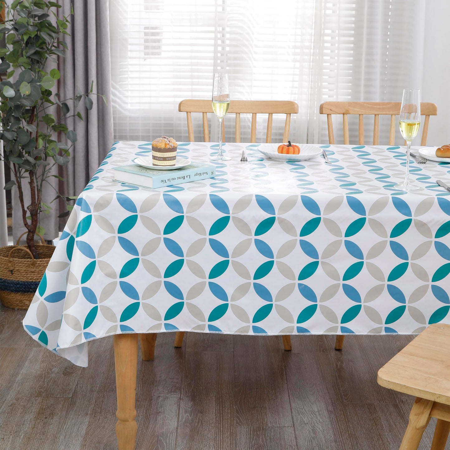 Walrus Heavy Duty Vinyl Tablecloth with Flannel Backing Waterproof Oil-Proof Plastic Table Cloth Stain-Resistant Wipeable Table Cover for Indoor and Outdoor (Geometric Leaf,54x54 Inch)