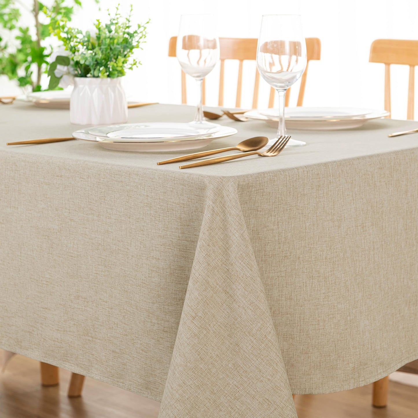 DWCN Faux Linen Tablecloth Rectangle - Beige Tablecloths Fabric Waterproof Spill-Proof Wrinkle and Stain Resistant Decorative Farmhouse Table Cover for Kitchen Dining Party, 60 x 120 Inch