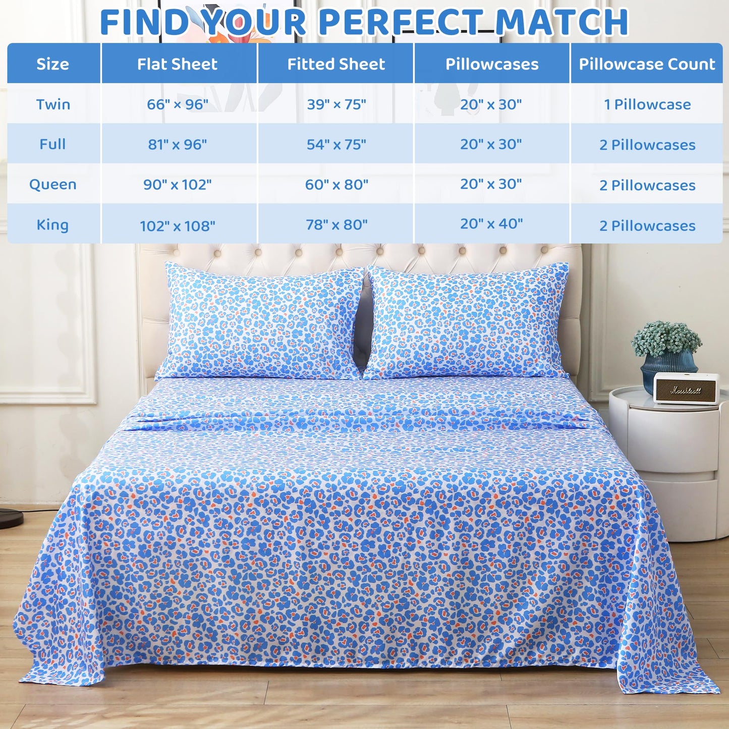 Mooreeke Leopard Cheetah Printed Twin Bed Sheets, Soft Microfiber Bedding Sheets & Pillowcases, Deep Pocket Non-Slip Fitted Twin Sheet, Blue Animal Pattern Bedsheets