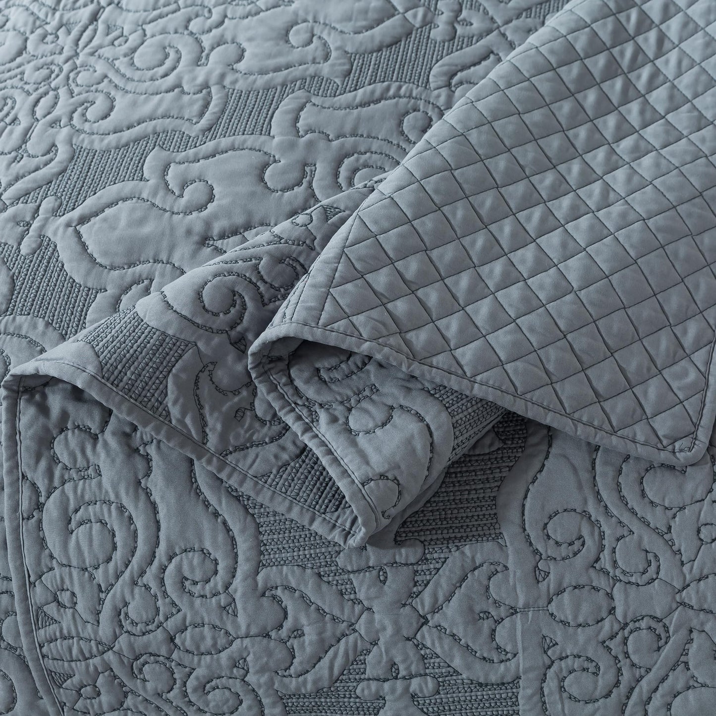 NEWLAKE Reversible Quilt Bedspread Embroidered Microfiber Coverlet Set,Jacquard Embossed Floral,Grey, Queen Size