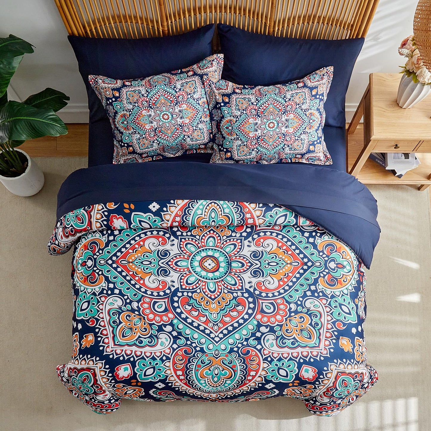 Boho Comforter Sheet Set Bohemian Bed in a Bag Queen Size Bedding Set, Navy Blue Orange Paisley Microfiber 7pc Bedding Set (1 Comforter 2 Pillow Shams 1 Pink Flat Sheet 1 Fitted Sheet 2 Pillowcases)