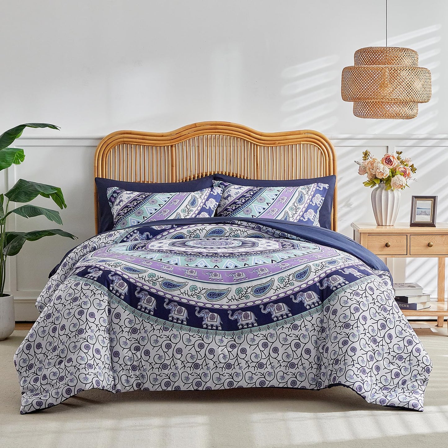 Boho Comforter Sheet Set Bohemian Bed in a Bag Queen Size Bedding Set, Purple Elephant Paisley Circle 7pc Bedding Set (1 Comforter 2 Pillow Shams 1 Pink Flat Sheet 1 Fitted Sheet 2 Pillowcases)