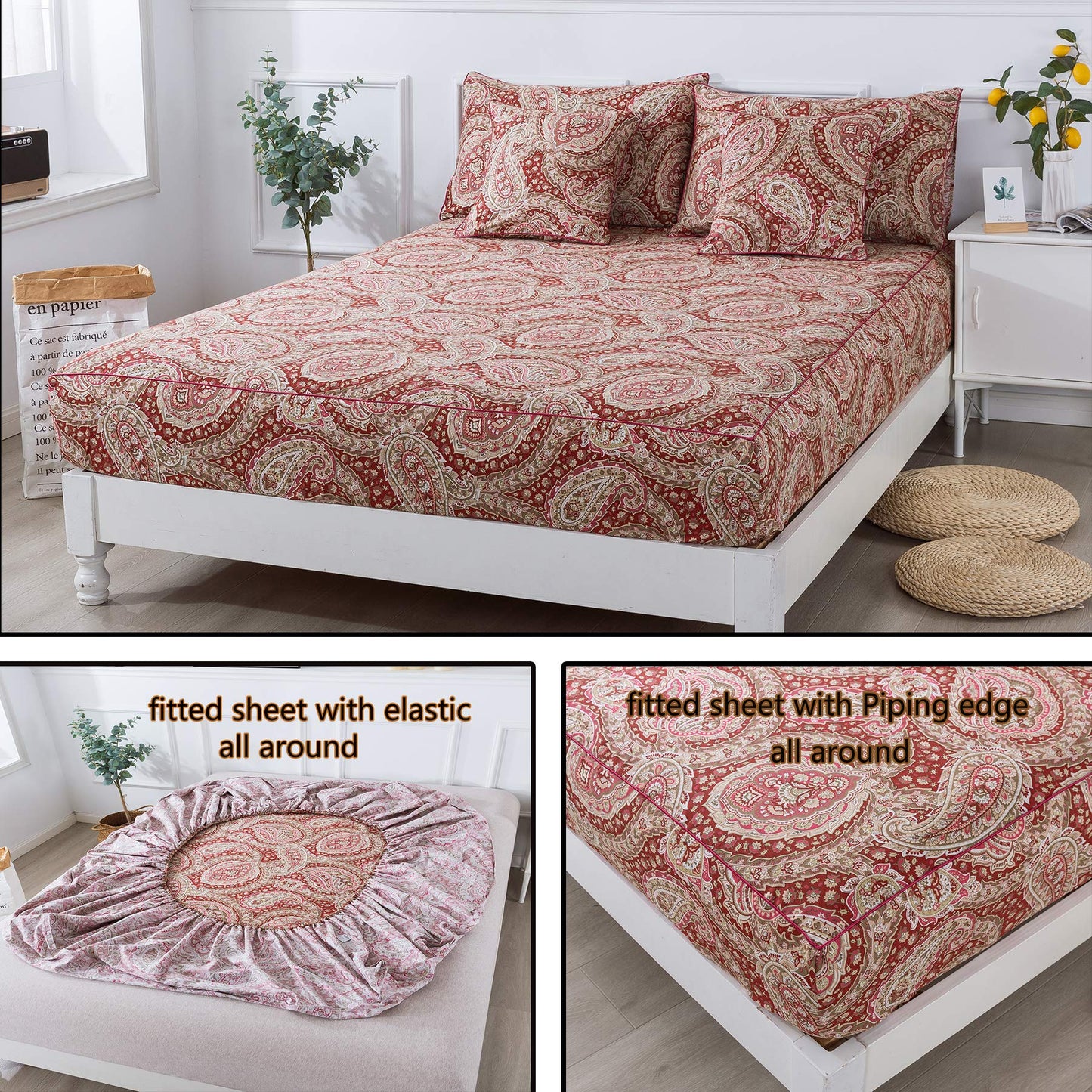 FADFAY Luxury Paisley Sheets Set King Classy Red and Gold Floral Farmhouse Bedding Elegent Red Paisley Bedding Set 100% Cotton Super Soft Hypoallergenic Deep Pocket Fitted Sheet 4-Pieces, King Size