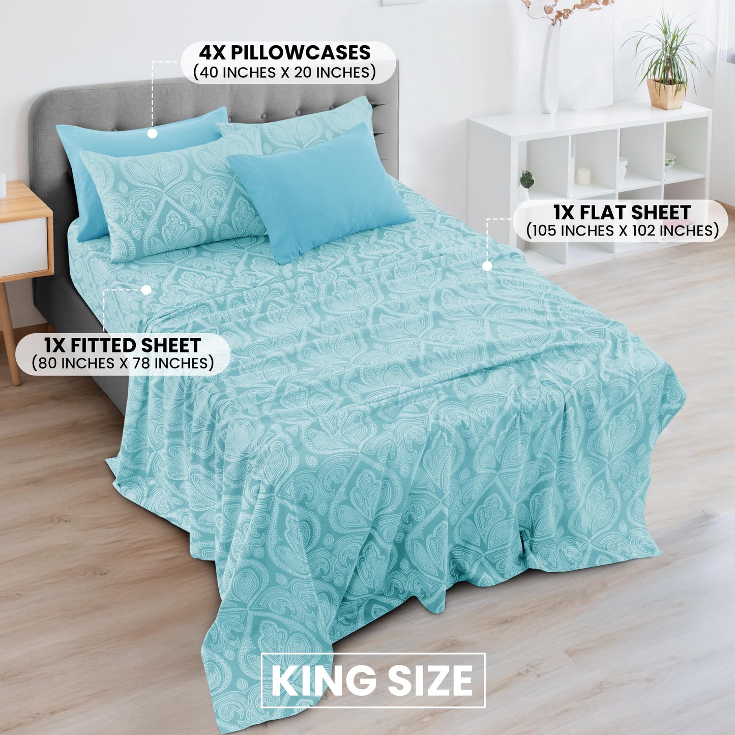 Ultra Soft Wrinkle-Free Microfiber Paisley King Sheet Set, Cute Floral Pattern Boho Print – 16" Deep Pocket Fitted Sheet, Flat Sheet & 4 Pillowcases, Breathable, OEKO-TEX - Blue