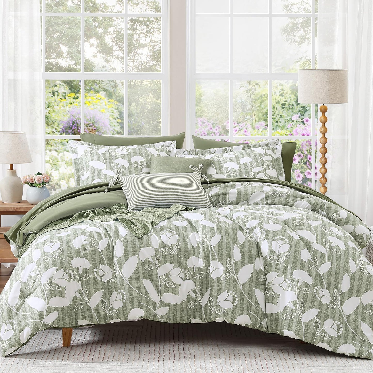 BLOOMHAVEN Queen Comforter Set -7 Pieces Sage Green Floral Comforter Set for All Seasons, Bed in a Bag Queen with Botanical Flowers Comforter, Sheets, Pillowcases & Shams
