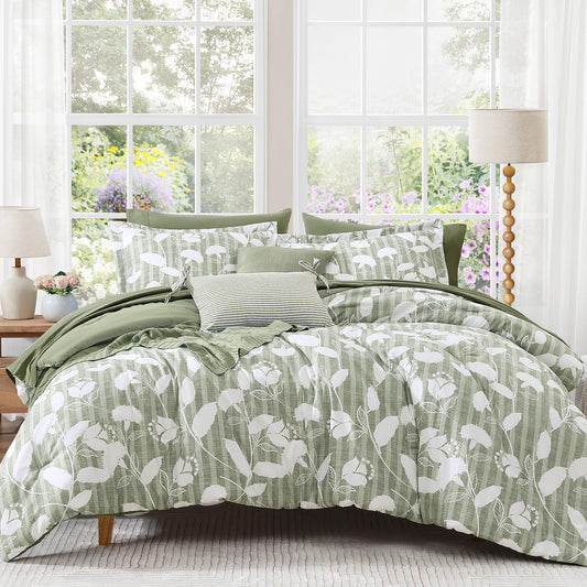 BLOOMHAVEN Queen Comforter Set -7 Pieces Sage Green Floral Comforter Set for All Seasons, Bed in a Bag Queen with Botanical Flowers Comforter, Sheets, Pillowcases & Shams