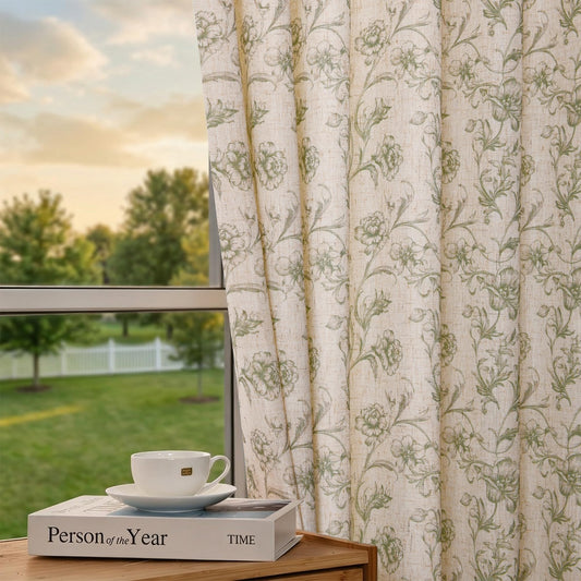 XWZO Green Floral Curtains 84 Inch Length Farmhouse Linen Curtain for Living Room Vintage Flower Botanical Patterned Curtains Rod Pocket Back Tab Bedroom Window Drapes Set 2 Panels
