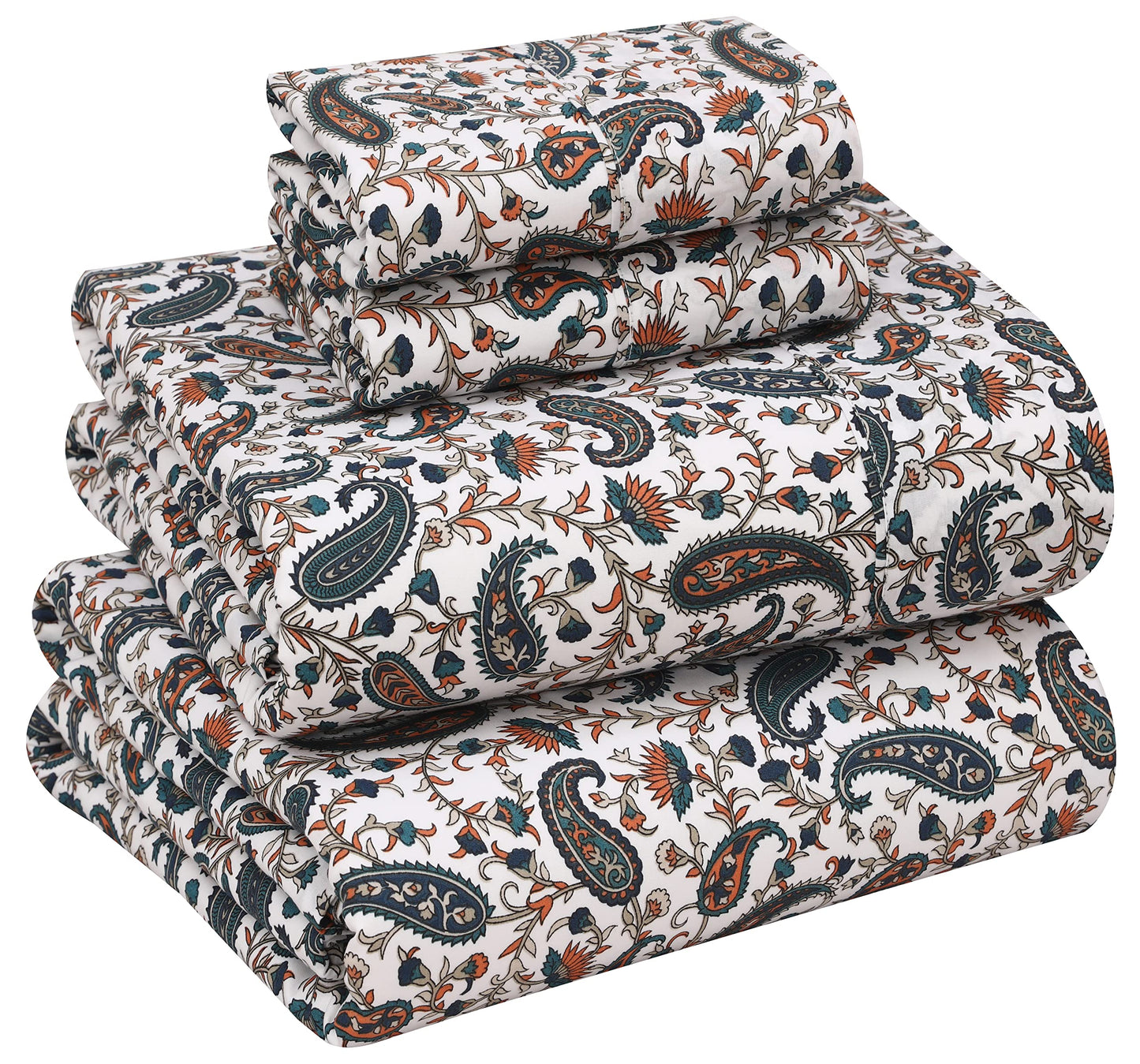 RUVANTI 100% Cotton Percale Sheets, Full Size, Teal Paisley