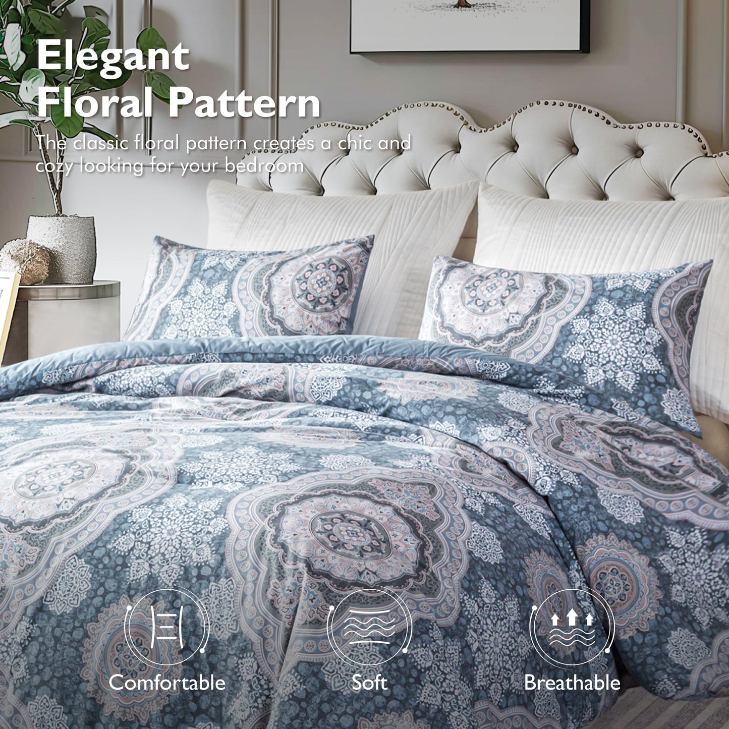 ALPHA HOME King Size Comforter Set, All Season Bedding Comforter Set, Comfortable Fluffy Floral Comforter Set with 100% Cotton Fabric (1 Comforter, 2 Pillowcases)