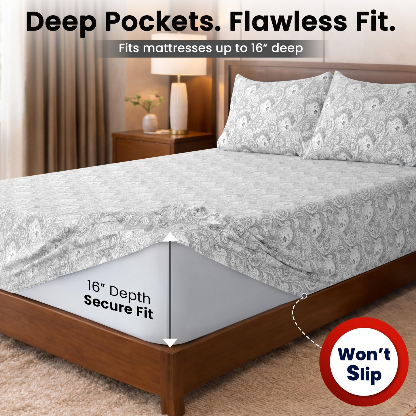 Ultra Soft Wrinkle-Free Microfiber Paisley Twin Sheet Set, Cute Floral Pattern Boho Print – 16" Deep Pocket Fitted Sheet, Flat Sheet & 2 Pillowcases, Breathable, OEKO-TEX - White/Grey