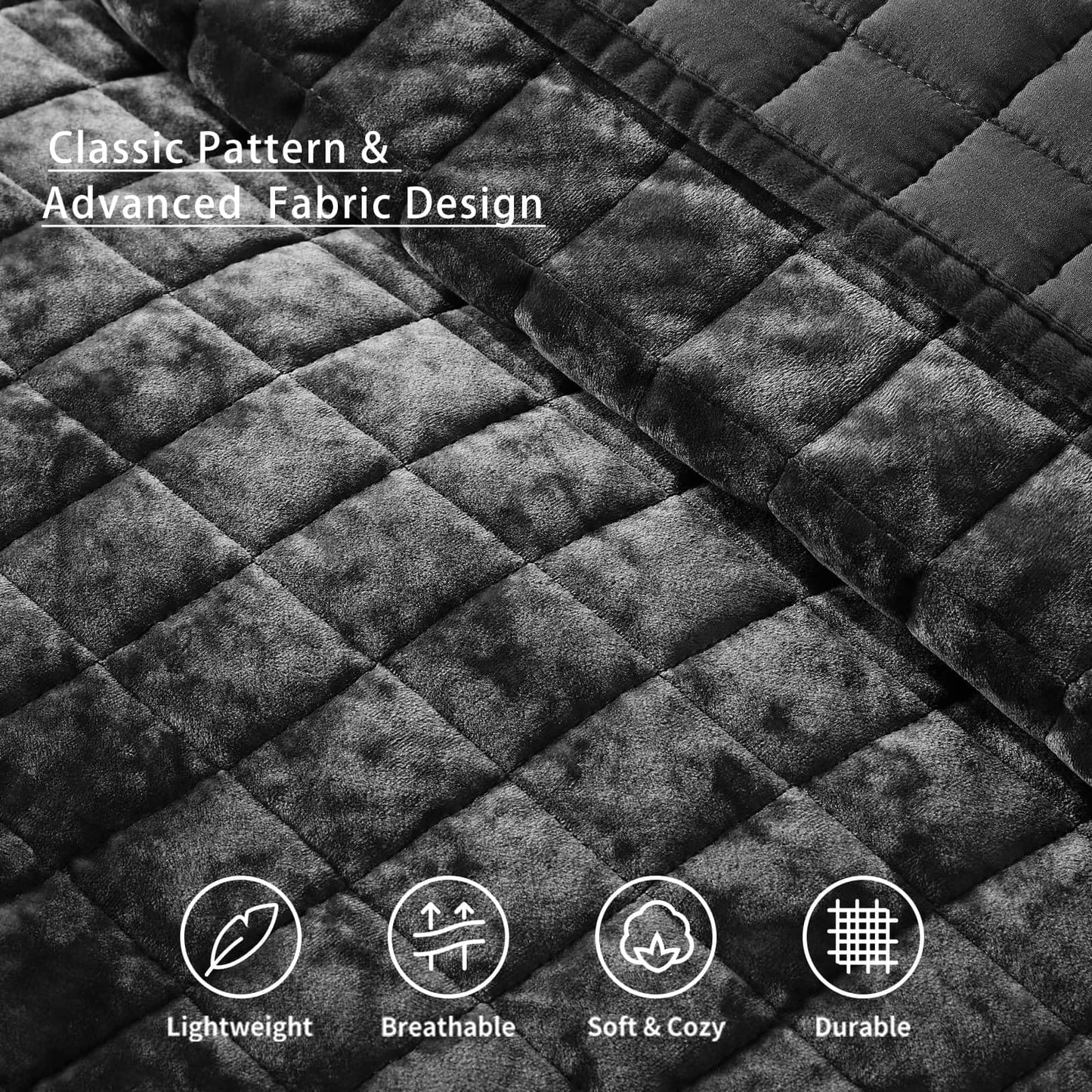 LEAONME Velvet Quilt California King-118''x106'', Lightweight Black Velvet Comforter Set with 2 Pillow Shams, Soft Oversized Bedspread Coverlet Quilted Bedding Set for All Season