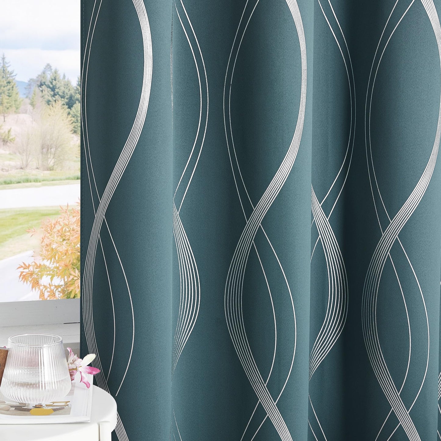 NICETOWN 100% Blackout Curtains Panels for Living Room, Greyish Blue, 52" Wide x 84" Long, 2 Panels, Sound Reducing Thermal Insulated Wave Line Foil Print Design Curtains for Patio Sliding Glass Door