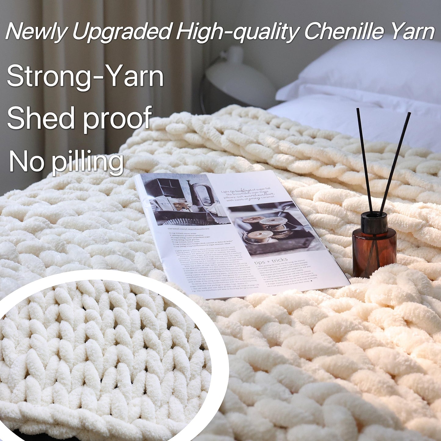 Maetoow Chenille Chunky Knit Blanket Throw （40×50 Inch）, Handmade Warm & Cozy Blanket Couch, Bed, Home Decor, Soft Breathable Fleece Banket,Graduation Gifts, Cream
