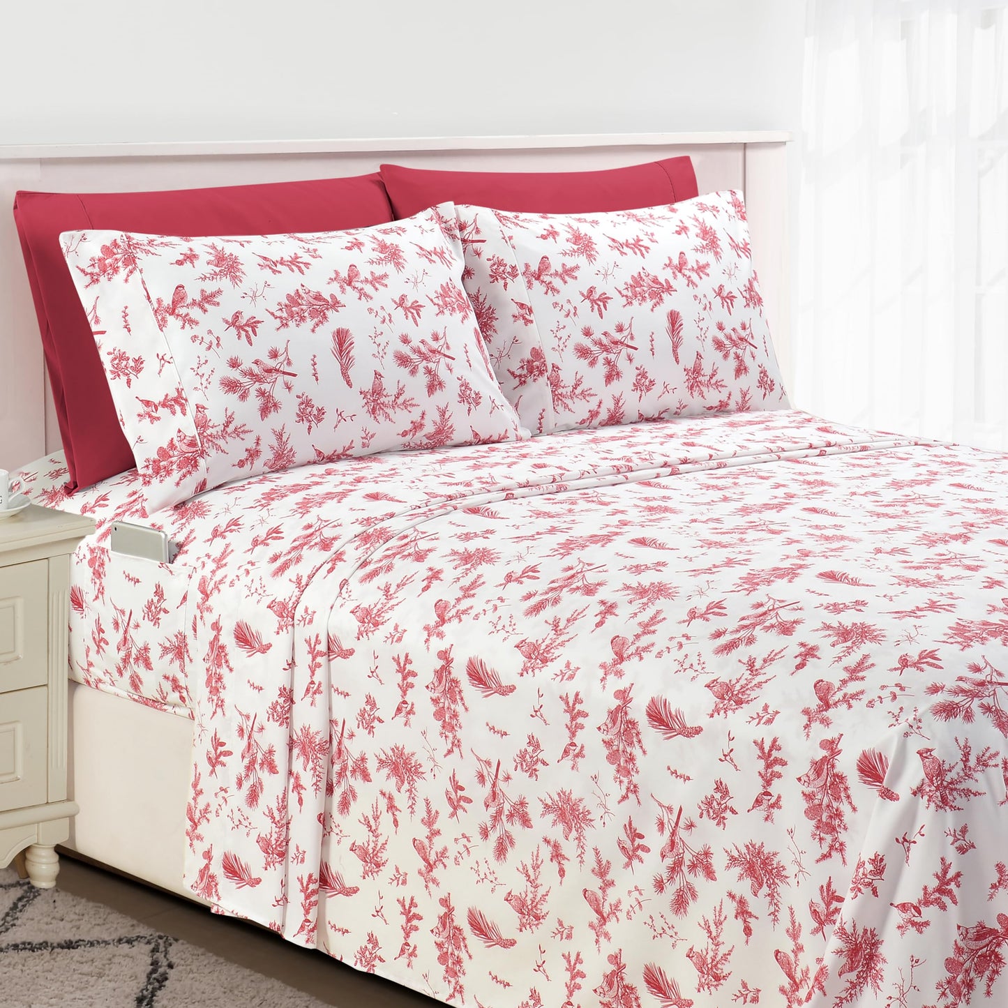 Elegant Comfort Luxury Soft Bed Sheets Cardinal Pattern - 1500 Premium Hotel Quality Microfiber Softness Wrinkle and Fade Resistant (6-Piece) Bedding Set, Queen, Cardinal