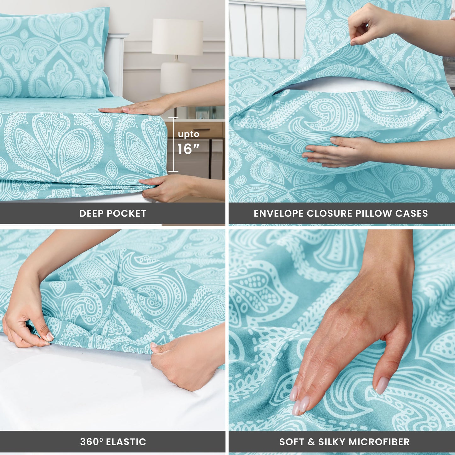 Ultra Soft Wrinkle-Free Microfiber Paisley King Sheet Set, Cute Floral Pattern Boho Print – 16" Deep Pocket Fitted Sheet, Flat Sheet & 4 Pillowcases, Breathable, OEKO-TEX - Blue