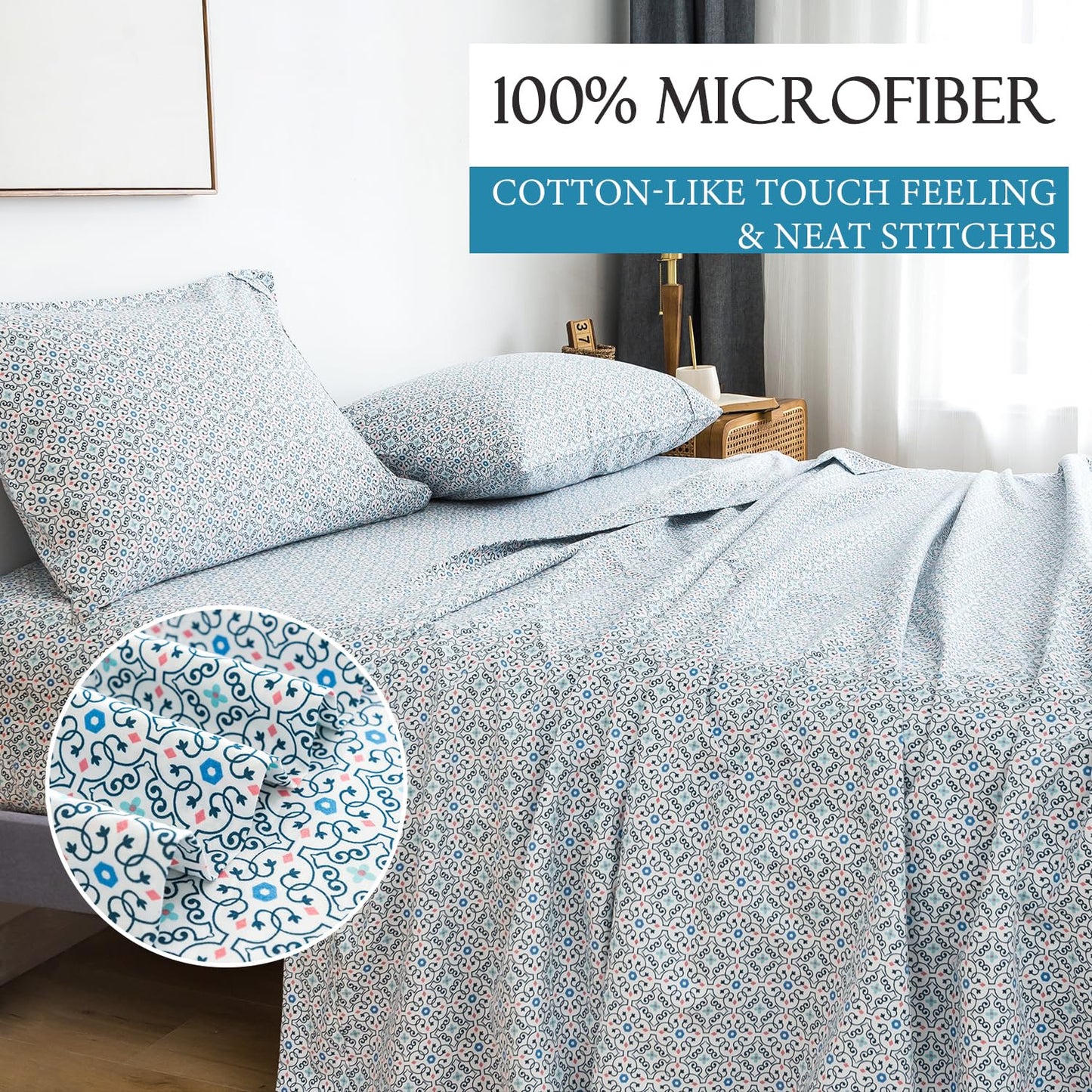 KACEMOO California King Sheet Set 4PC Blue Printed Sheets Floral Bed Sheet Boho Pattern Sheets Cooling Soft Deep Pocket Microfiber Brushed Sheet, Easy Care, Breathable, Wrinkle Free Bed Set