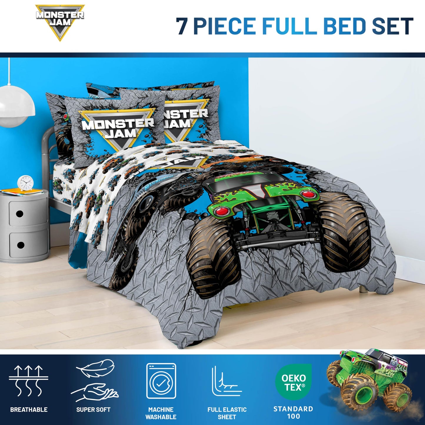 Jay Franco Kids Comforter Set Includes Sheets and Pillow Covers - Soft and Cozy Bed Set for Stylish Room Decor, Gray - Monster Jam 01, 7 Piece Full Size Bedding