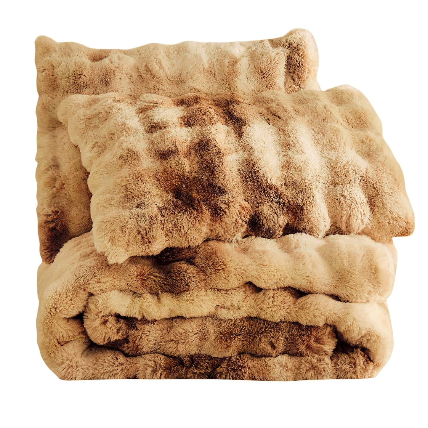 Wonderful 3 Pieces Fluffy Faux Rabbit Fur Bubble Comforter Set King Size, Tie-Dyeing Caramel Plush Fuzzy Bedding Set, Warm Soft Bubble Comforter Bedding Set for Winter