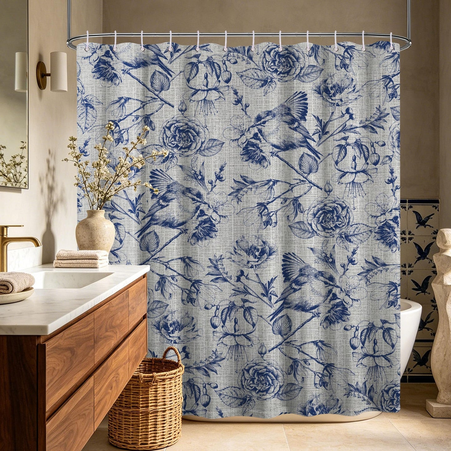 DLTAY Navy Blue Vintage Botanical Shower Curtain, 70x72 Inch
