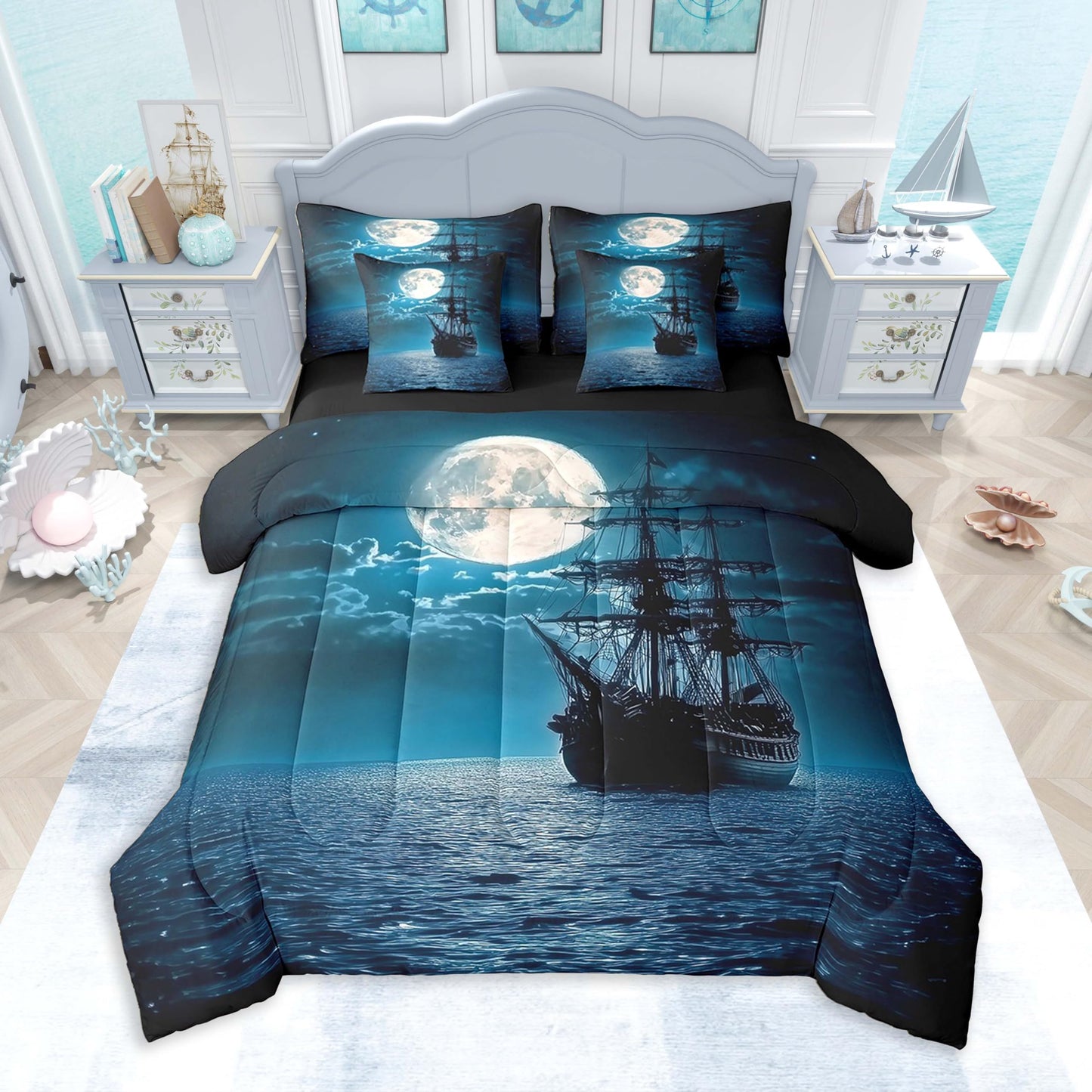 Feelyou Sailing Ship Comforter Set 7 Pieces Twin Size Moonlight Ocean Sea Bedding Set for Boys Girls Coastal Bed in a Bag with Comforter, Sheets, Pillowcases & Cushion Covers