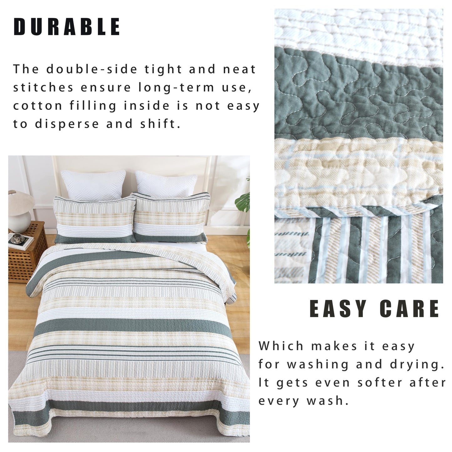 Homzard Quilts Queen Size - Cotton Queen Size Comforter Sets,Beige Grey Cotton Bedding,Striped Plaid Comforter Bedspread (90 * 98 Inches),3 Piece