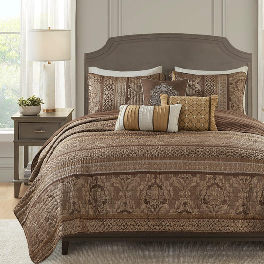 Madison Park Quilt Traditional Damask Design All Season, Lightweight Coverlet Bedspread Bedding Set, Matching Shams, Pillows, King/Cal King(104"x94"), Bellagio, Jacquard Brown/Gold 6 Piece (MP13-369)