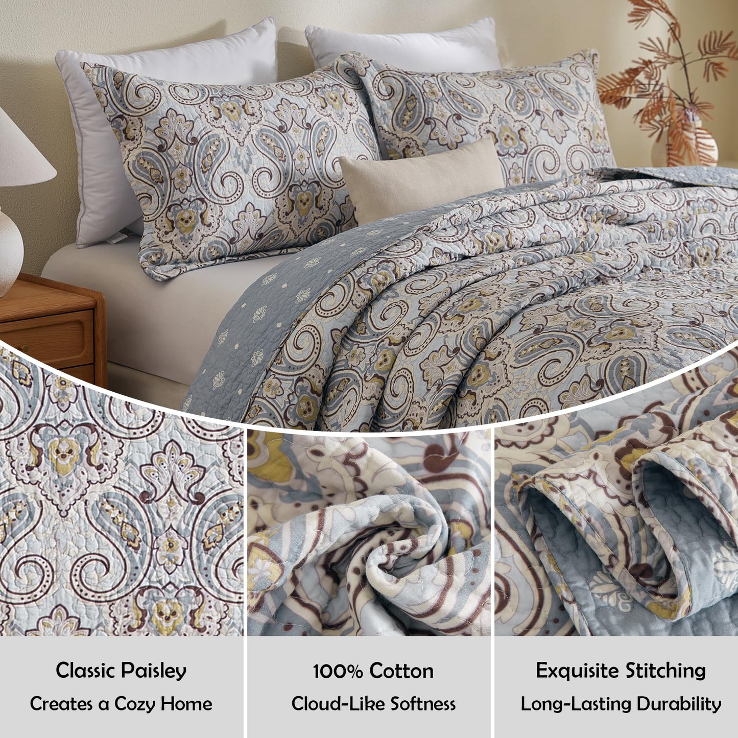 BCOTTOND Blue Paisley King Size Quilt Set - Reversible Paisley Brown Floral Quilts King Size, 100% Cotton Lightweight Bedspread Set, Luxury Quilt Bedding Set for King Bed, Light Blue, 106×98