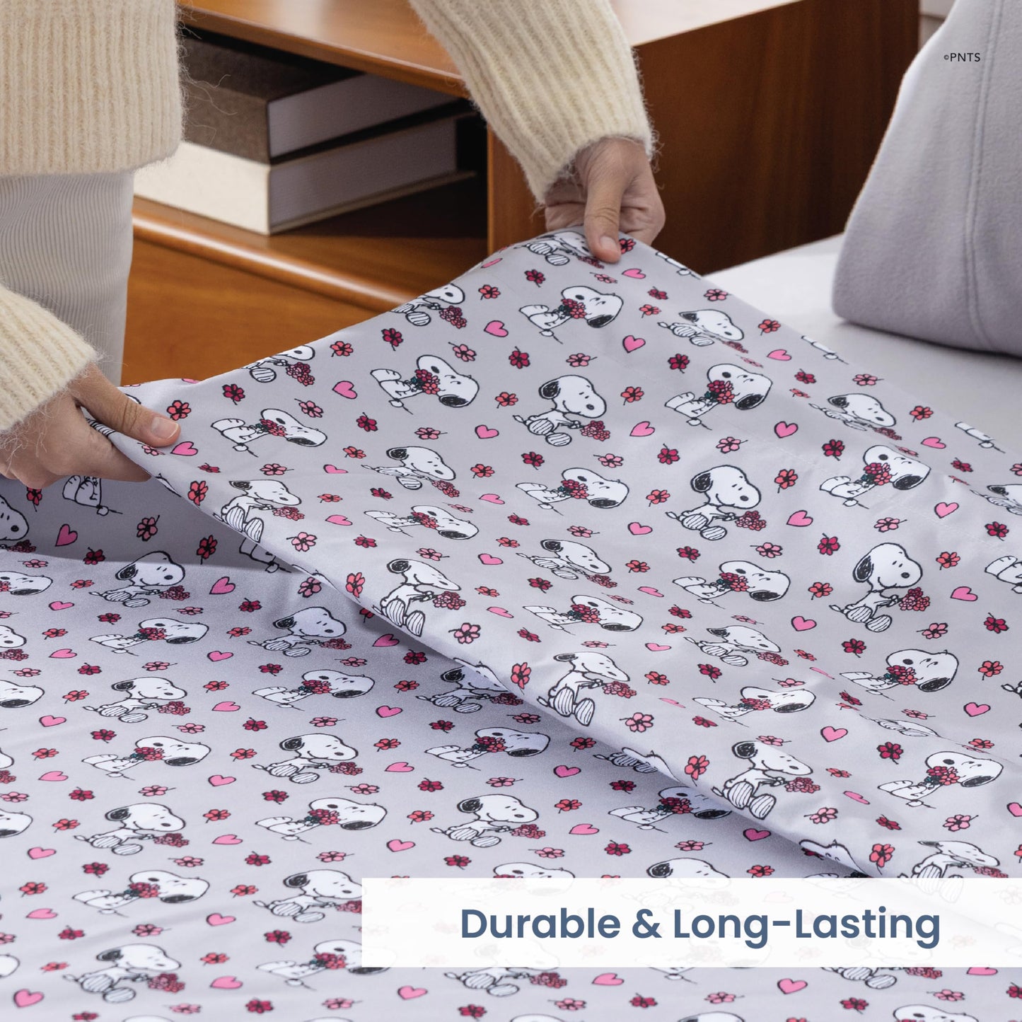 Berkshire Peanuts® Twin Flat Sheet (Only), Brushed Microfiber Sheet with Cute Snoopy Characters, Soft, Breathable, Easy-Care Bedding for Peanuts Fans, Love Blooms Light Grey