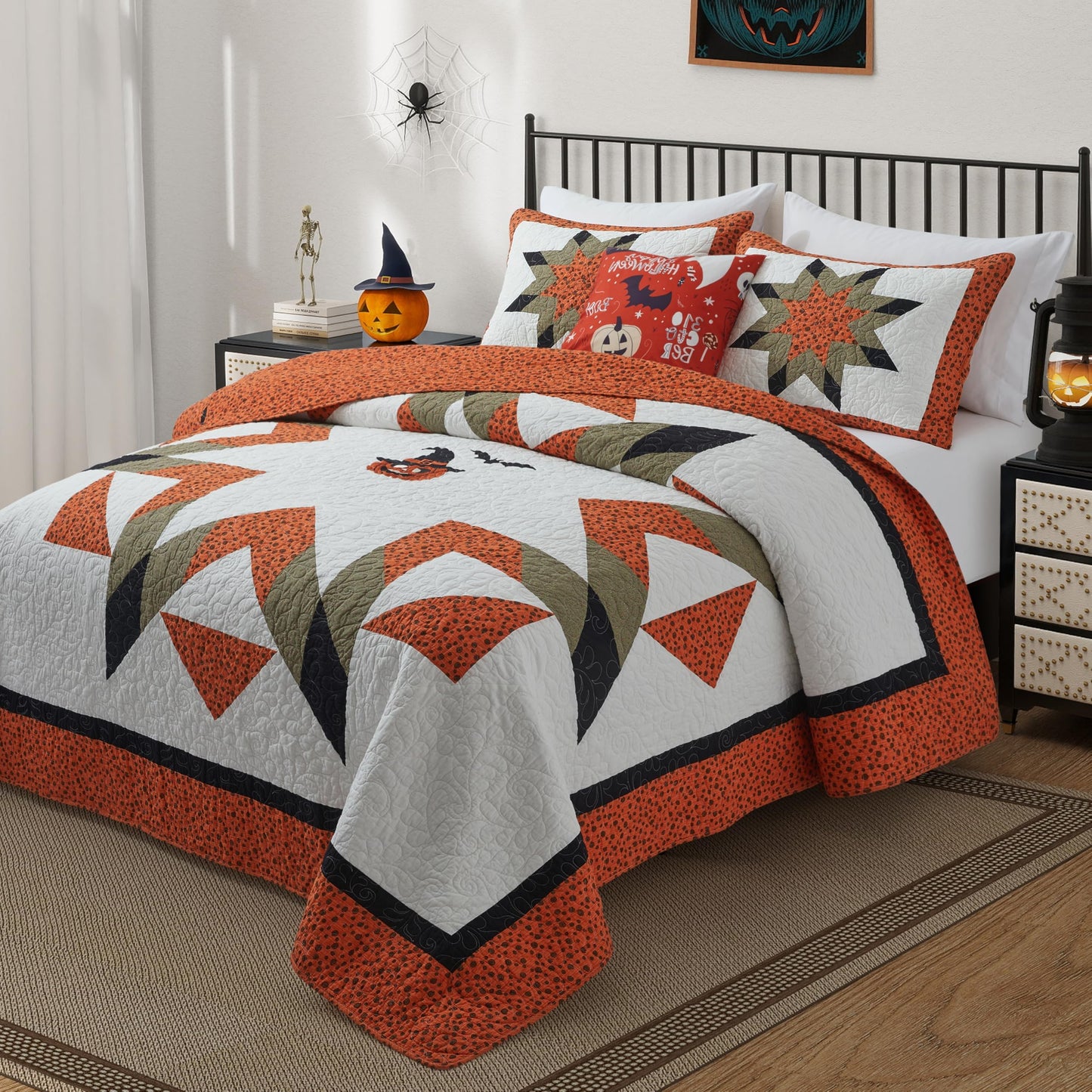 NELIFDER Halloween Quilt Queen Size Bedding Set 100% Cotton Embroidery Bats Pumpkin Festival Pattern Bedspread Real Patchwork Star 3 Peice Coverlet with 2 Pillow Shams 90"x90"