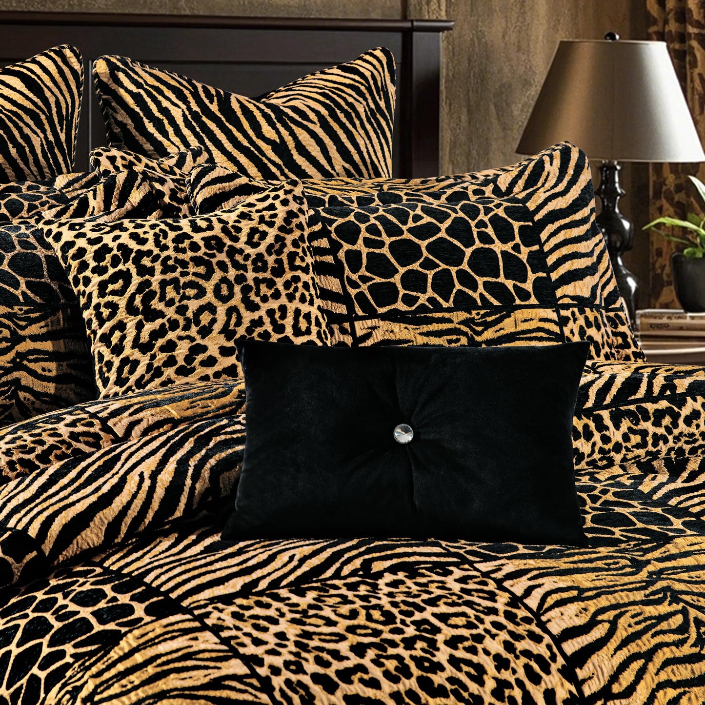 Loom and Mill 8-Piece Safari Comforter Set King Size, Leopard, Tiger, Giraffe, Zebra Animal Print Bedding Set, Patchwork Comforter with Bed Skirt, Euro Shams and Decorative Pillow(Black Gold, King)