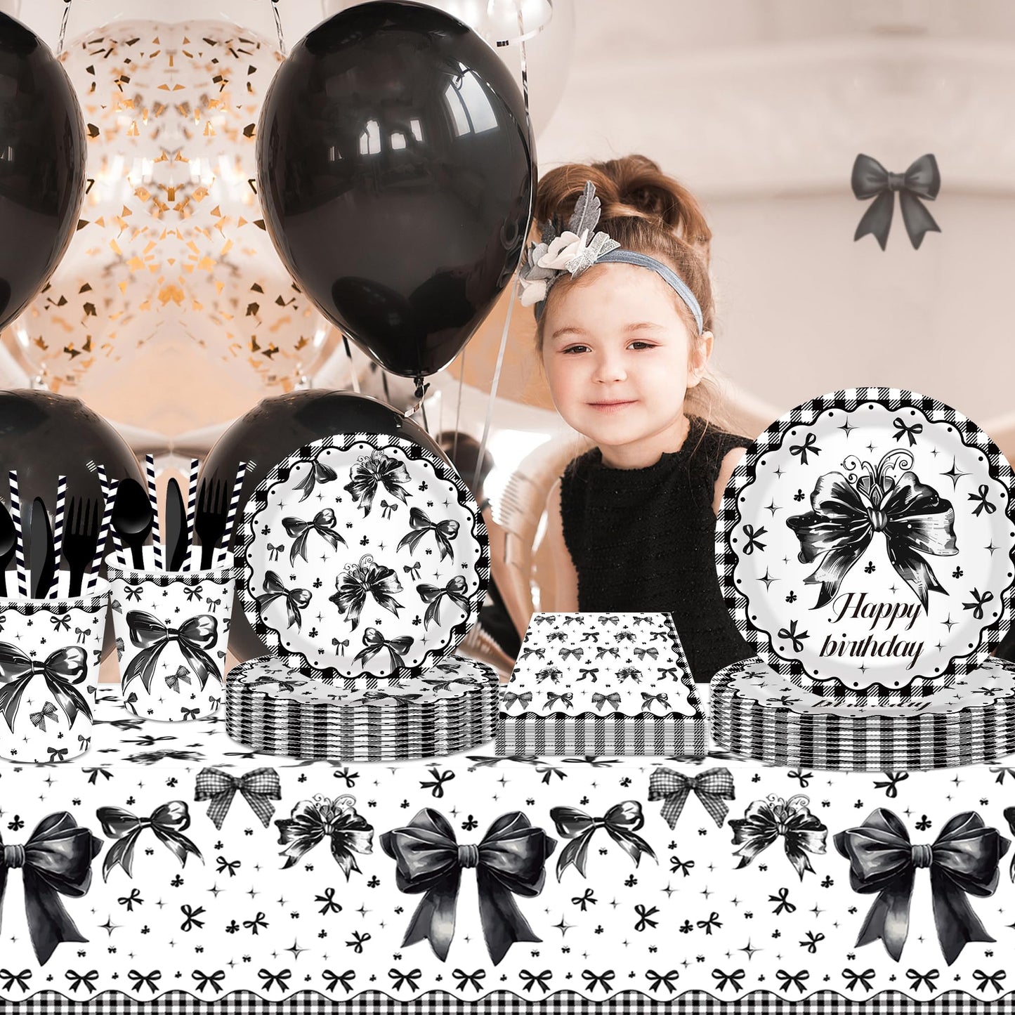 CC HOME 1Pc Black Bowknot Party Plastic Tablecloth 54 x 87 Inch Long Table Cover, Bow Tie Party Tablecover for Dark Style Theme Kids Baby Shower Birthday Dinner Picnic Kitchen Event